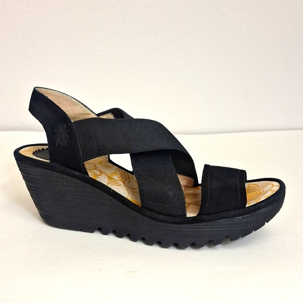 Fly London Black Crisscross Elastic Platform Wedge Sandals